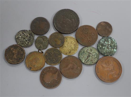 A Victoria bun penny 1858, edge knocks otherwise EF, various tokens and copper and bronze coinage